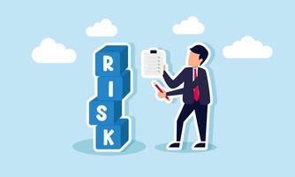 A businessman is carrying a pencil and a clipboard with a checklist, recording a pile of boxes labeled RISK, illustrating the documentation for business calculations to minimize risk vector