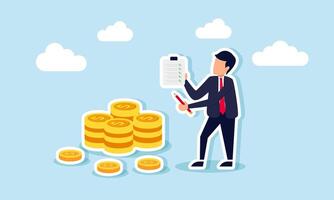 A businessman is carrying a pencil and a clipboard with a checklist, recording a pile of dollar coins, illustrating the tracking of business asset amounts vector