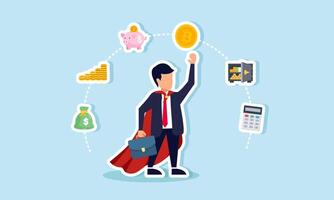 A super businessman is surrounded by items related to financial management, illustrating how effective financial management boosts business performance vector