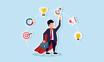 A super businessman is surrounded by items related to marketing management, illustrating how effective and efficient marketing management can boost business performance vector