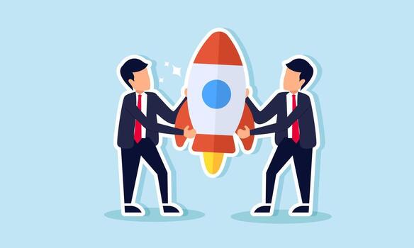 Two businessmen are collaborating to carry a rocket, illustrating teamwork in the collaboration and synergy of a jointly built startup business vector