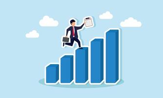 A businessman running up a graph carrying a Job Description board, illustration of structured business performance progress based on a list of tasks vector