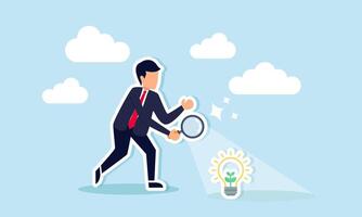 A businessman tries to illuminate a plant inside a lamp using the reflection from a magnifying glass, illustrating maintenance in keeping the company's vision aware of the environment vector
