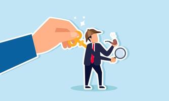 A hand is turning a key on the back of a businessman acting as a detective, holding a magnifying glass and a cigarette, illustrating the lead role in a business investigation vector