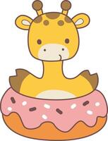 A giraffe in the middle of doughnut. Set Stock Illustrations Isolated of Baby Giraffe. Cute giraffe animals with various activities. vector