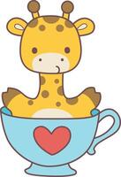 A giraffe in the middle of cup of tea. Set Stock Illustrations Isolated of Baby Giraffe. Cute giraffe animals with various activities. vector