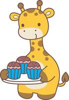 A giraffe bring a three cupcakes. Set Stock Illustrations Isolated of Baby Giraffe. Cute giraffe animals with various activities. vector