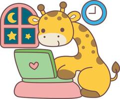 A giraffe typing in the notepad. Set Stock Illustrations Isolated of Baby Giraffe. Cute giraffe animals with various activities. vector
