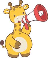 A giraffe sounding with loudspeaker. Set Stock Illustrations Isolated of Baby Giraffe. Cute giraffe animals with various activities. vector
