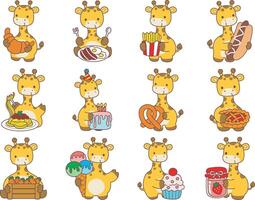 Set of food of breakfast and snack by giraffe. Set Stock Illustrations Isolated of Baby Giraffe. Cute giraffe animals with various activities. vector