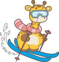 A giraffe playing an ice skating in the cold snow and wearing eyeglasses. Set Stock Illustrations Isolated of Baby Giraffe. Cute giraffe animals with various activities. vector
