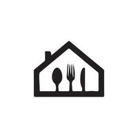 A black and white logo of a house with a fork and knife vector