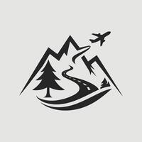 A mountain road with trees and a plane flying over it vector