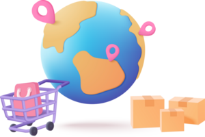 Shopping cart with globe and boxes png