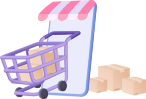 Cartoon shopping cart with boxes and a sign png
