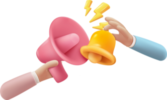 Two hands holding a megaphone and a yellow and pink bell png