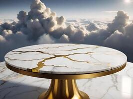 Luxurious golden table on a cloudy sky for displaying products photo