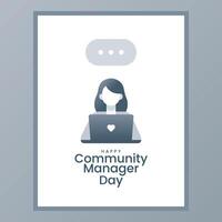 Happy Community Manager Day Illustration Featuring Female Character Working on Laptop in Minimalist Design Perfect for Online Celebrations and Social Media Content Marketing Visuals vector