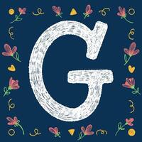 Playful hand-drawn chalk textured uppercase letter G with decorative elements on a blue background, ideal for educational and creative design projects. vector