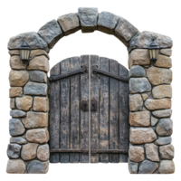 Rustic Wooden Gate in Stone Archway png