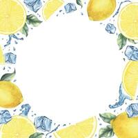 Lemon fruits, slices, ice cubes, splashes and leaves. Dynamic liquid water with citrus fruits. Isolated hand drawn watercolor frame. Template for menu, package, cosmetic, textile, cards vector