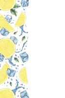 Lemon fruits, slices, ice cubes, splashes and leaves. Dynamic liquid water with citrus fruits. Isolated hand drawn watercolor frame. Template for menu, package, cosmetic, textile, cards vector