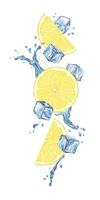 Lemon slices falling splashes water, ice cubes. Dynamic cold liquid with citrus fruits. Isolated hand drawn watercolor illustration for menu, packaging of goods, advertisement vector