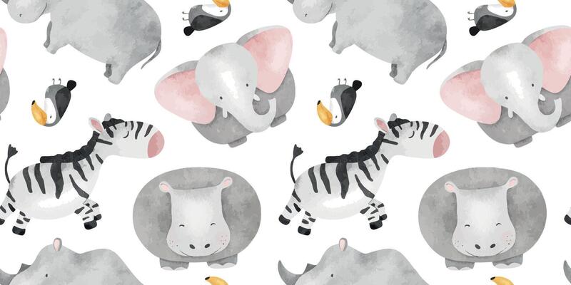 Jungle animals Elephant, rhinoceros, hippo, zebra, toucan. Cute baby Watercolor seamless pattern with savannah beasts. Childish background. Safari Print for design kid's goods, cards, fabric
