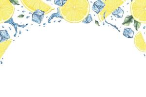 Lemon fruits, slices, ice cubes, splashes and leaves. Dynamic liquid water with citrus fruits. Isolated hand drawn watercolor frame. Template for menu, package, cosmetic, textile, cards vector