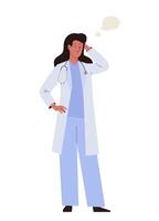 Doctor woman standing in doubt with speech bubble over head. Confused female medic character in lab coat and stethoscope hold hand behind her head. Concept of searching for trouble solution vector
