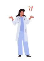 Doctor woman standing in puzzled or questioning pose. Concept of wondering, uncertainty, confused. Female character with emotional expression gesture with question mark over head vector