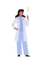 Doctor woman standing with lamp bulb as sign for insight or great idea. Inspiration bright creative thought concept. Solution of the problem. Female character with raised finger gesture vector