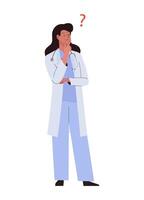 Doctor woman standing in lab coat and stethoscope thinking with question mark. Female medic character with her hand on chin. Concept of searching of idea and solution to problem vector