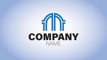 Minimalist company logo with abstract archway design in blue, resembling a corporate building or structure set on a gradient background. Concept of branding, architecture, and professionalism. vector
