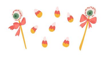 Illustration of candy corn pieces and eyeball lollipops with bows, designed for Halloween vector