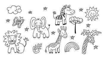 Safari animals contour doodle set with botany elements. hand drawn lion, elephant, zebra, giraffe isolated on white background. Childish decoration for coloring pages, stickers vector