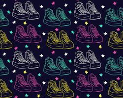 Neon colored retro 90s seamless pattern with outlined sneakers on dark background, creating a vibrant and playful design. hand drawn doodle illustration. Good for textile, fabric, wallpaper vector