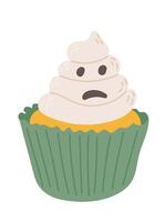 Cute cupcake illustration with ghostly expression in the frosting in soft colors and with playful, Halloween design. Scary flat food artwork vector