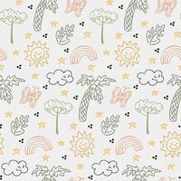 Childish colored contour doodle seamless pattern with botany elements. hand drawn sun, cloud, palm tree, butterfly and stars isolated on light background. Childish textile or wallpaper vector