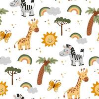 Safari seamless pattern with young animals and botany elements. Zebra, giraffe, palm, butterfly on light background. hand drawn pattern illustration for newborn fabrics and textile vector