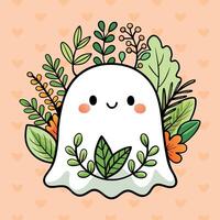 Smiling ghost surrounded by greenery in pastel colors vector