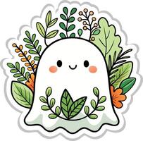 Cute ghost surrounded by leaves and flowers, kawaii style, for web design, stickers, or isolated icons in a playful, autumnal theme vector