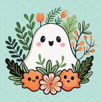 Smiling ghost surrounded by orange flowers and green leaves. For web design, textile patterns, holiday-themed illustrations vector