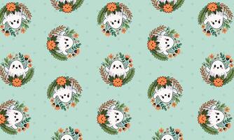 Kawaii ghost and floral pattern for textiles vector