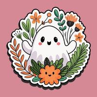 Smiling ghost character framed by bright autumn plants, for Halloween or fall-themed web design, patterns, greeting cards vector