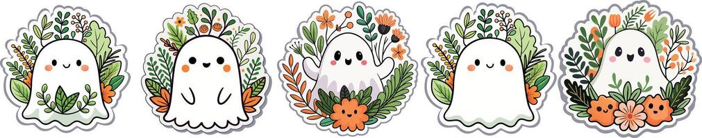 Set of kawaii ghosts with floral details, autumn theme, for Halloween web design, textile patterns, or seasonal stickers vector