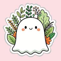 Kawaii ghost with autumn florals, isolated object vector