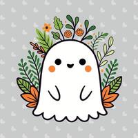 Smiling ghost surrounded by leaves and flowers, for textile patterns, web design, Halloween-themed decorations vector