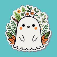 Smiling ghost Sticker surrounded by autumn foliage and florals, for web design, greeting cards, festive seasonal patterns vector