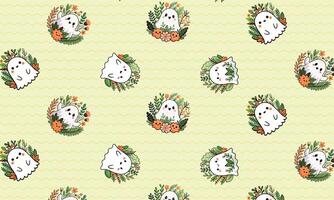 Cute ghost and floral wreath pattern in soft colors vector